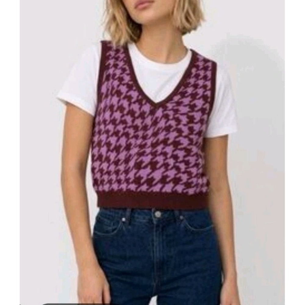 PacSun Houndstooth Purple Crop Vest V-neck Y2K Preppy Sleeveless Pullover Small